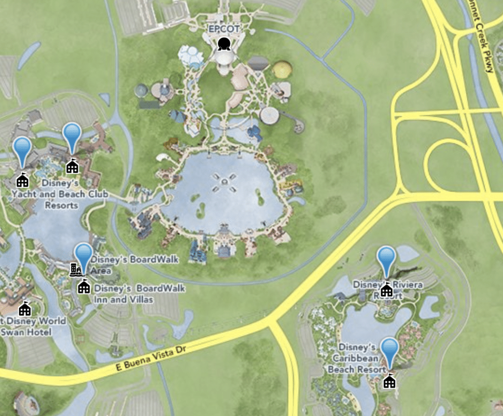 Walt Disney World map zoomed in to the Epcot area, with pins marking the best & nearest hotels