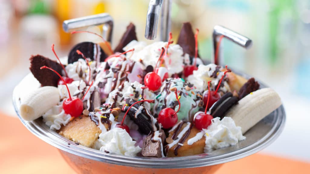 decadent desert of ice cream, cherries Oreos, sauces and all the toppings offered at Beaches & Cream Soda Shop in Walt Disney World's Beach Club Resort