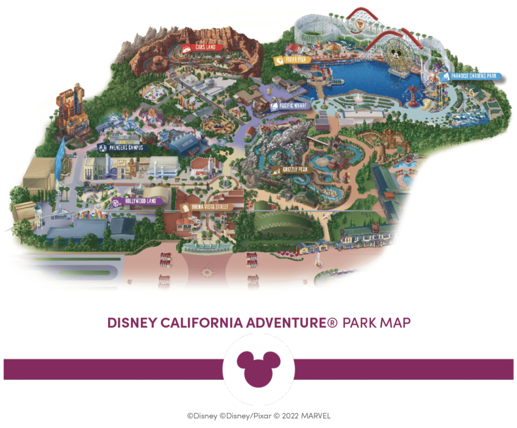 An illustrated map of all the areas (Hollywood Land, Buena Vista Street, Avenger's Campus, Paradise Gardens Park, Pixar Pier, Grizzly Peak, Pacific Wharf, & Cars Land) where fun can be found at Disney's California Adventure amusement park.