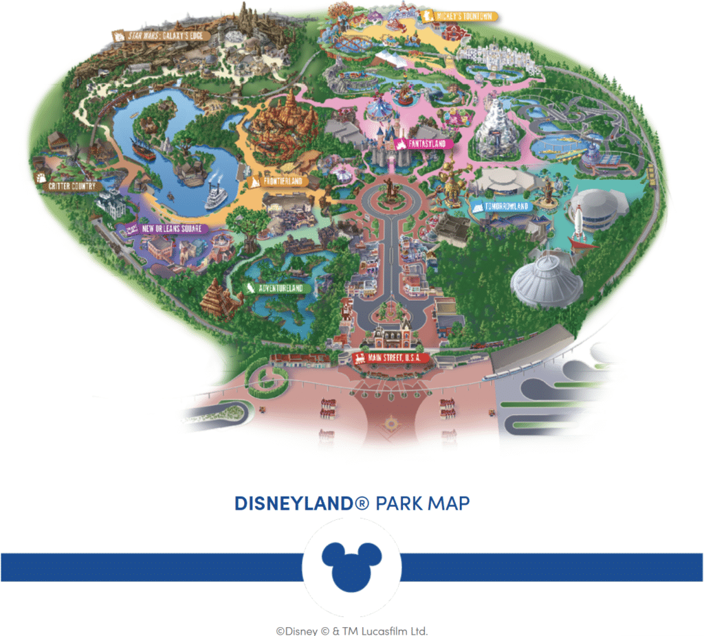 A colorful, illustrated map of all the up-to-date and delightful lands (Fantasyland, Star Wars: Galaxy's Edge, Mickey's Toontown, New Orleans Square, Tomorrowland, Adventureland, Frontierland, Critter Country, & Main Street, USA) to visit at the original Disney park in Disneyland California.