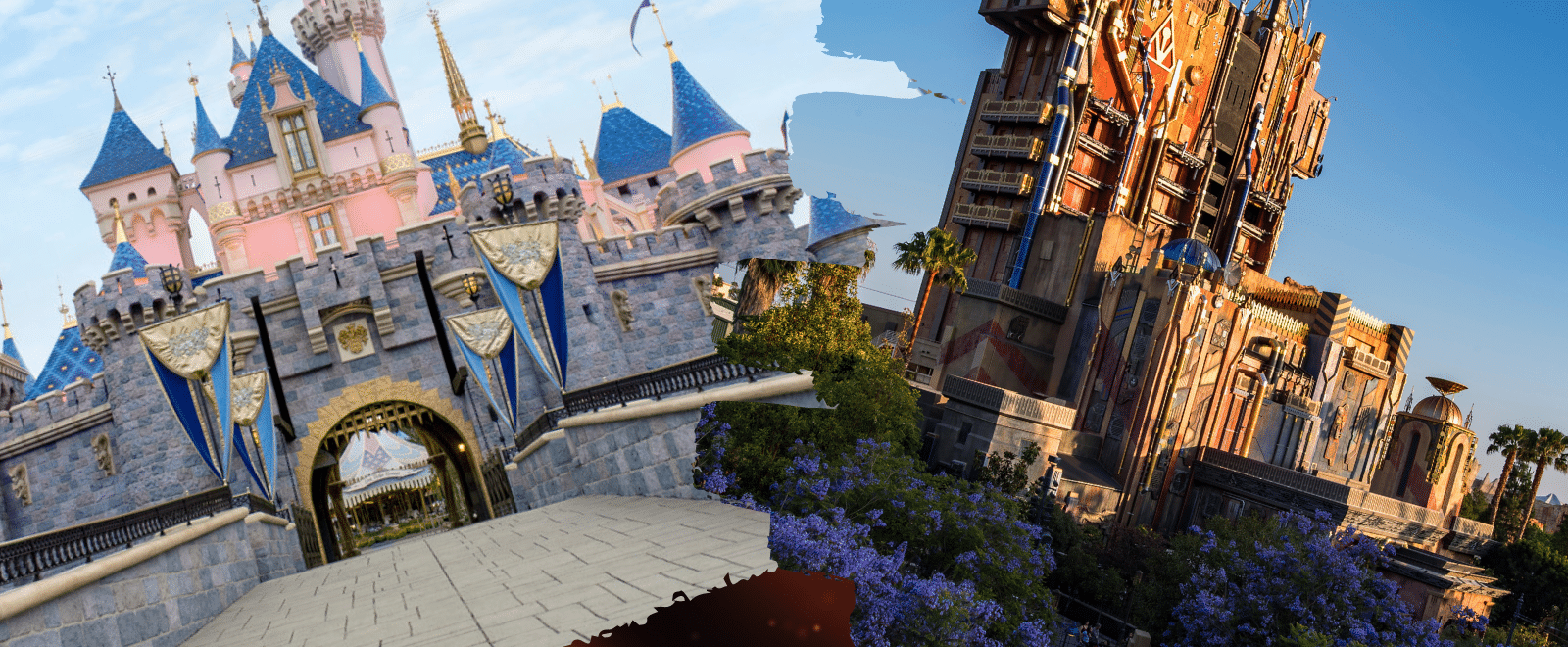 Disneyland vs California Adventure: Sparkles frame the background of two competing pictures that compose the iconic landscape of the Disneyland California Resort: the Sleeping Beauty Castle in Disneyland vs California Adventure's Guardians of the Galaxy Tower.