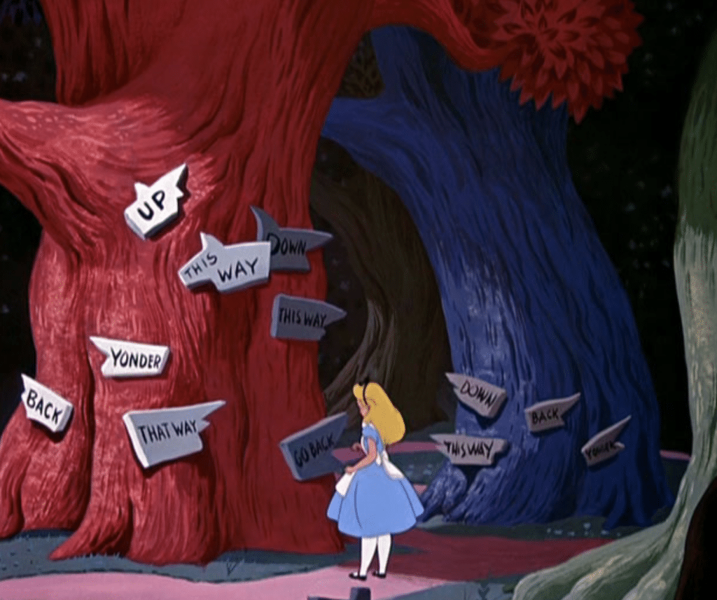 Walt Disney's Alice In Wonderland negotiates the confusing signs of the Tulgey Wood