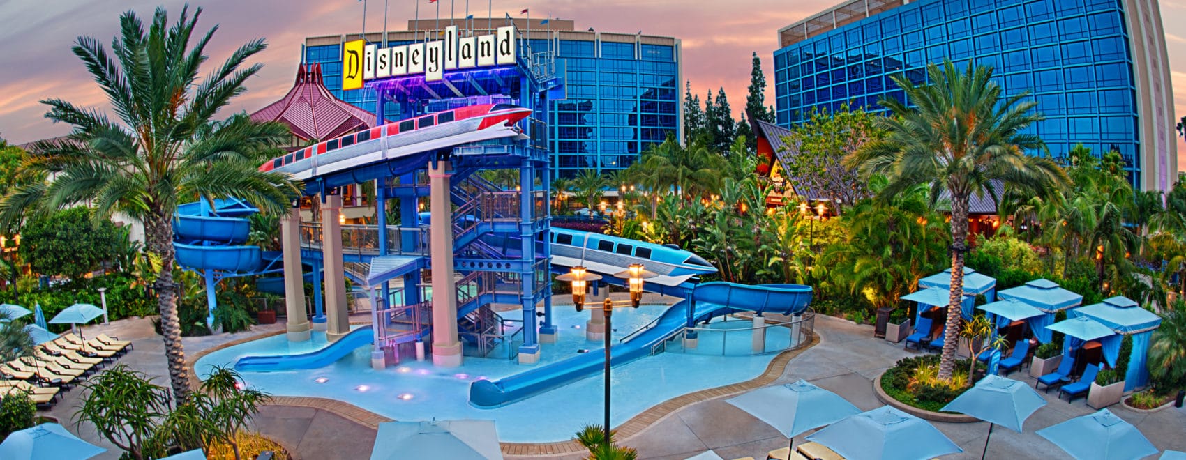 With a beckoning pool, lots of lounging areas, a monorail-themed water slide, the old-school original Disney style signage and the two beautiful blue towers that makeup the appealing outside property of the Disneyland Hotel, you can see why it's one of the best hotels near Disneyland for families vacationing in California.