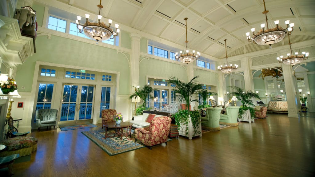 When looking for the best Disney World resort for adults, consider the charm of the BoardWalk Inn as pictures in its chandelier-lit, gentle mint green and palm tree-decorated lobby.