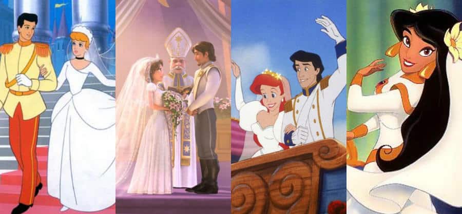 A compilation of Cinderella leaving the church with her prince, Rapunzel and Eugene at the altar, Ariel and Eric waving from their honeymoon ship and Jasmine twirling in her wedding dress - all reminding us how Disney likes to celebrate romance, marriage, honeymoons and love in general!
