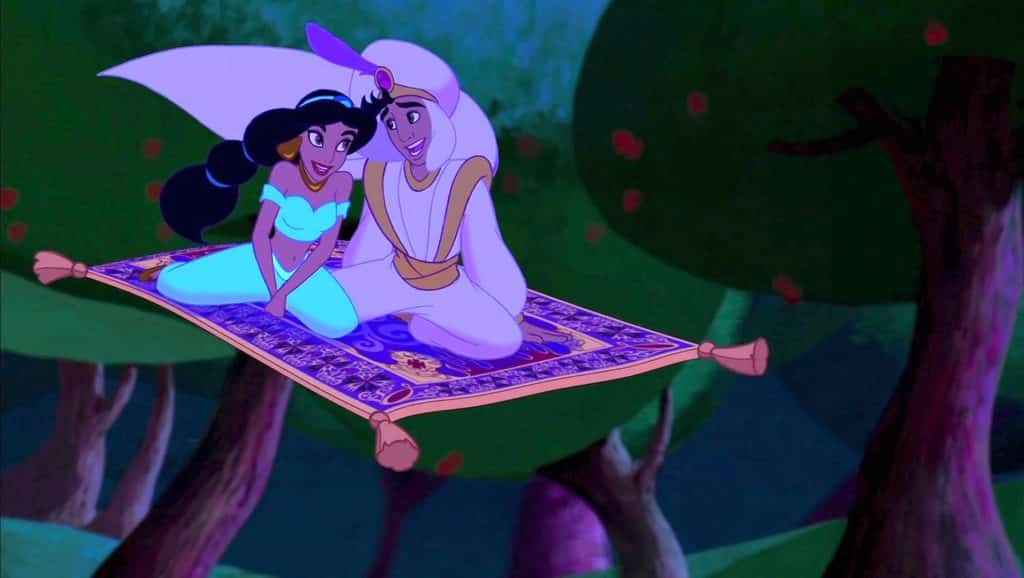 Jasmine and Aladdin fall in love and ride off into the sunset on their magic carpet ride in Disney's "Aladdin"