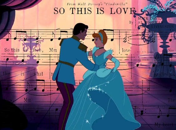 This freeze frame from Walt Disney's classic animated feature, "Cinderella,"shows Cinderella and her Prince Charming waltzing in the palace with the sheet music to their beautiful love song "so this is love" superimposed on the image and having an evening as romantic as you would find at Disney's Port Orleans French Quarter Resort.