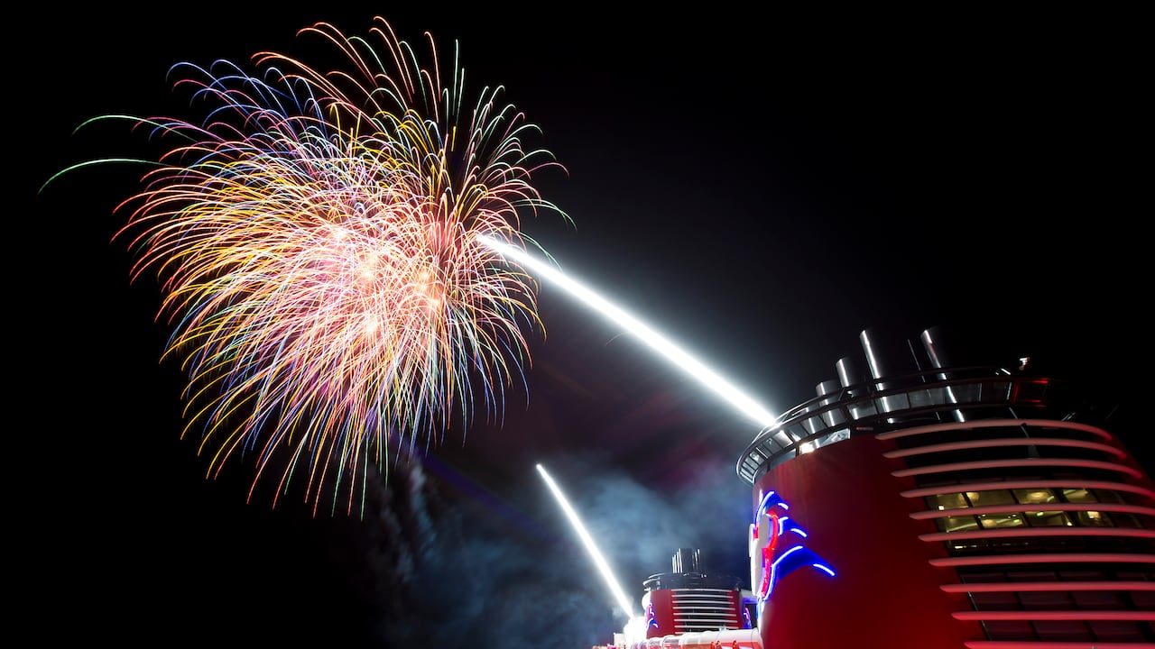 Expect stunning fireworks above the Mickey Mouse-eared smoke stacks of the ships on any Disney Cruise Line Special Events