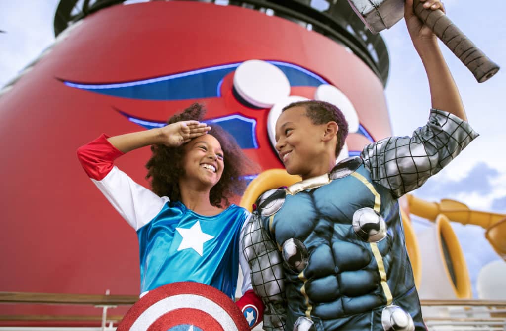 Disney Cruise Line Special Events are fun for the whole family - especially young people like this girl dressed as Captain America and her brother as Thor on their cruise ship for Marvel Day at Sea