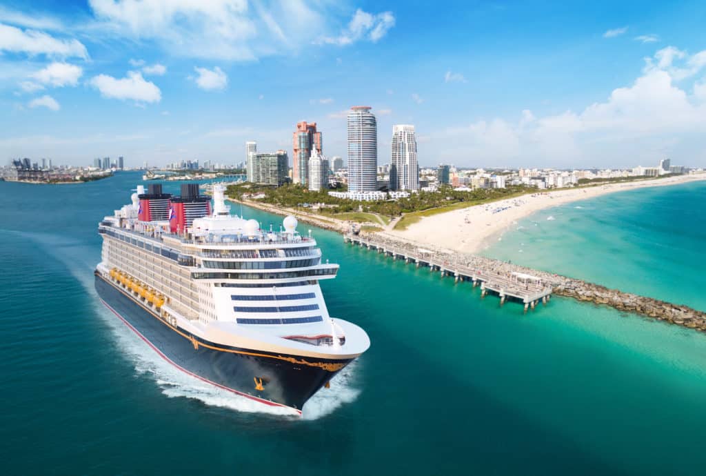 One of the dreamiest Disney ships in the Disney Cruise Line fleet, the Disney Dream, sails around Miami.