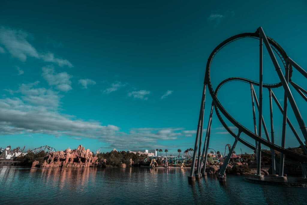 Bright blue skies and jewel toned waters await amongst the scariest thrills of the rollercoasters in Islands of Adventure in Universal Studios Orlando