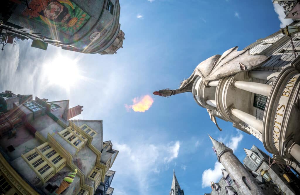 The breathtaking view standing right under a firebreathing dragon on a beautiful sunny Florida day in Universal Studios Orlando